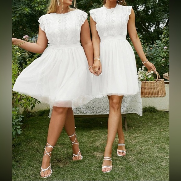 Boho white lace insert mesh ruffle hem mini dress